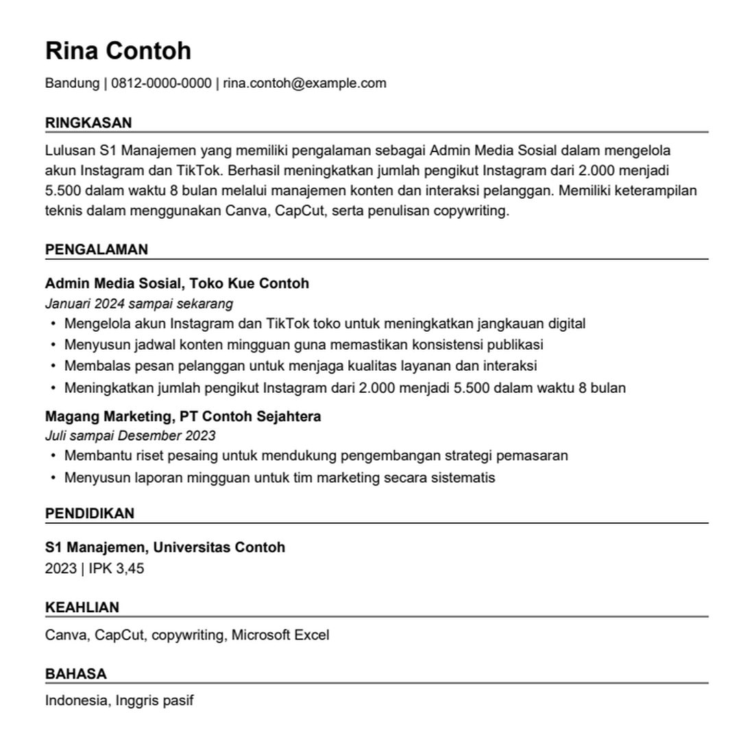 CV contoh satu kolom yang dibuat aplikasi Siap Lamar