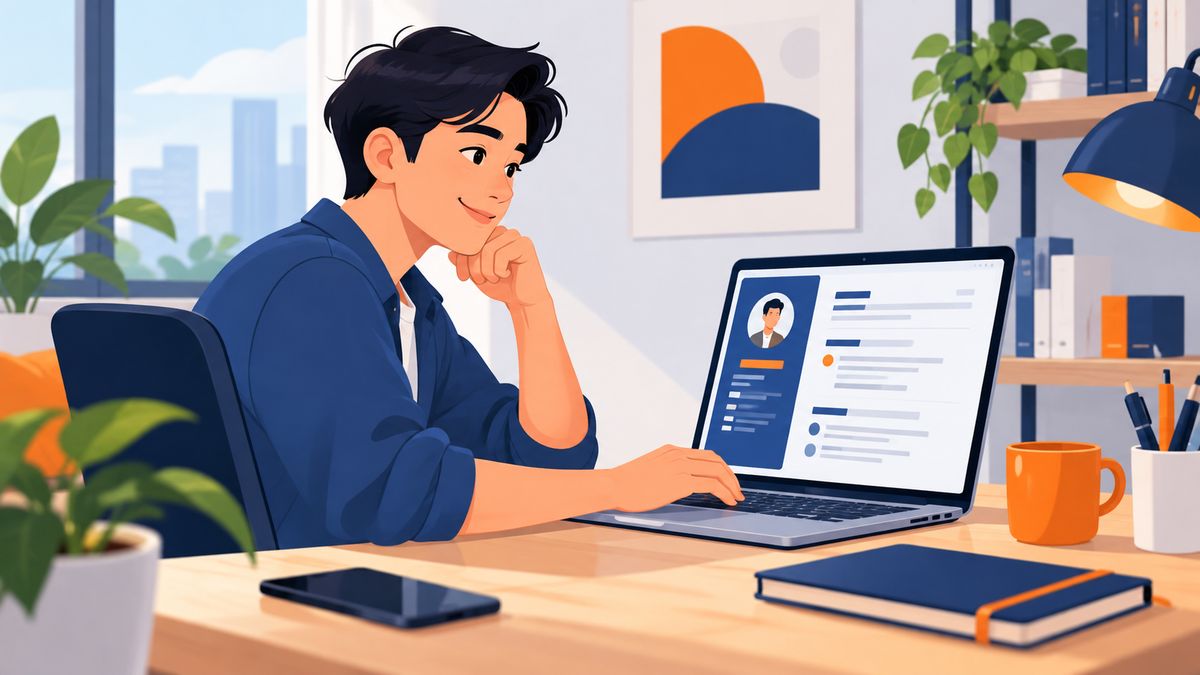 Ilustrasi pencari kerja menyiapkan CV di laptop