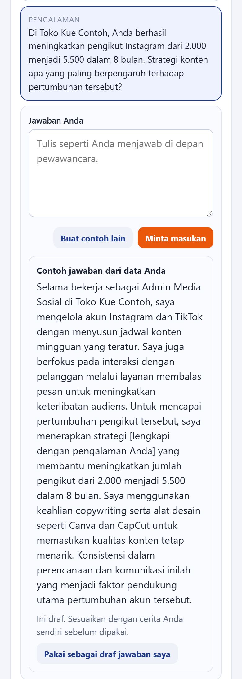 Satu pertanyaan wawancara dengan kolom jawaban dan contoh jawaban dari data pelamar