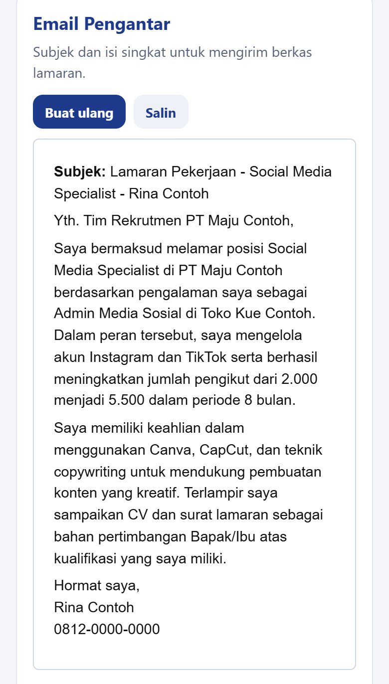 Tampilan Email Pengantar: subjek lamaran dan isi email yang siap disalin