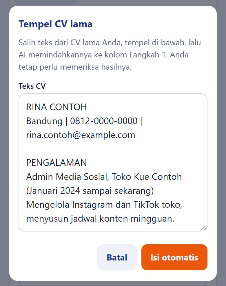 Jendela Tempel CV lama berisi teks CV yang ditempel